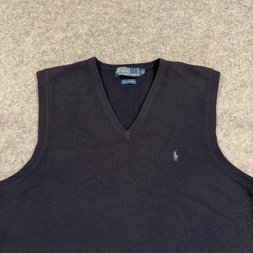Polo Ralph Lauren Sweater Vest Mens‎ Large Navy 100% Lambswool V Neck Knit Logo